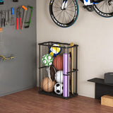 Garage Ball Storage Wall-Mounted & Floor Sports Equipment Organizer: Sports Ball Rack with Elastic Rope, Holder for Basketball, Soccer, Volleyball, Football, Garage, Gym, Black(Patent Pending) Hencawima