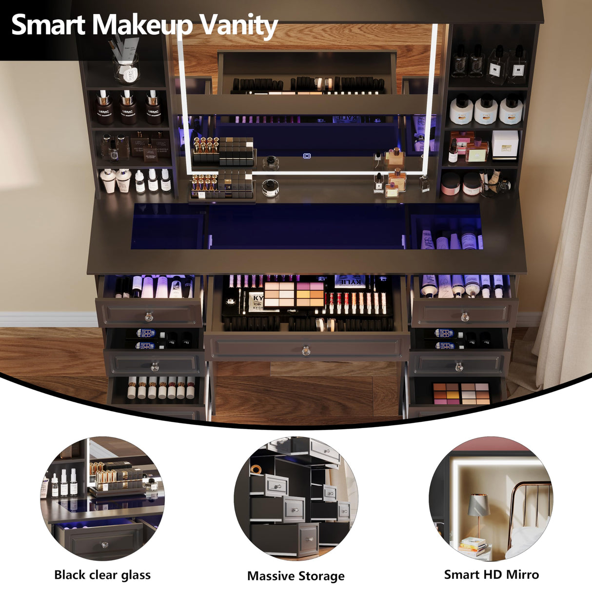 Wildhome Vanity Desk with Mirror and Lights, Glass Top Dressing Table with 9 Drawers, Makeup Vanity with Storage Bench, European Style Vanity, Adjustable Brightness Vanity for Bedroom(Black) Wildhome