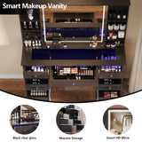 Wildhome Vanity Desk with Mirror and Lights, Glass Top Dressing Table with 9 Drawers, Makeup Vanity with Storage Bench, European Style Vanity, Adjustable Brightness Vanity for Bedroom(Black) Wildhome