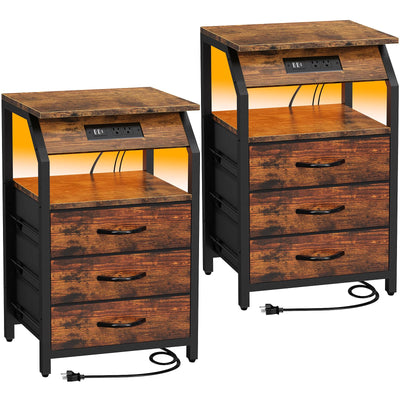 SZLHANJZ End Tables Set of 2, Nightstands with Charging Station and LED Lights, 3 Drawers Fabric Dresser, Storage Side Tables for Bedside, Living Room, Rustic Brown
