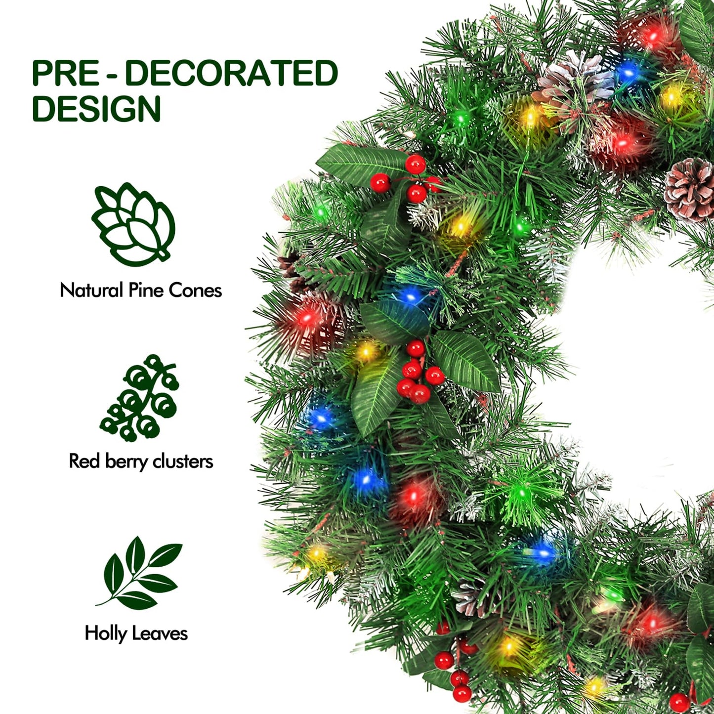 Hykolity 24 in. Pre-Lit Artificial Christmas Wreath with 50 Multicolor LED Lights, 164 Branch Tips, Battery Operated Wintry Pine Wreath with Timer & Hanger, Adorned with Pinecones, Berries for Holiday