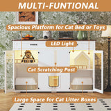 DAWNSPACES Enclosed Cat Litter Box Enclosure, Hidden Kitty Litter Furniture with 2 Large Drawers, 2 Glass Doors, LED Light and Cat Scratching Post DAWNSPACES