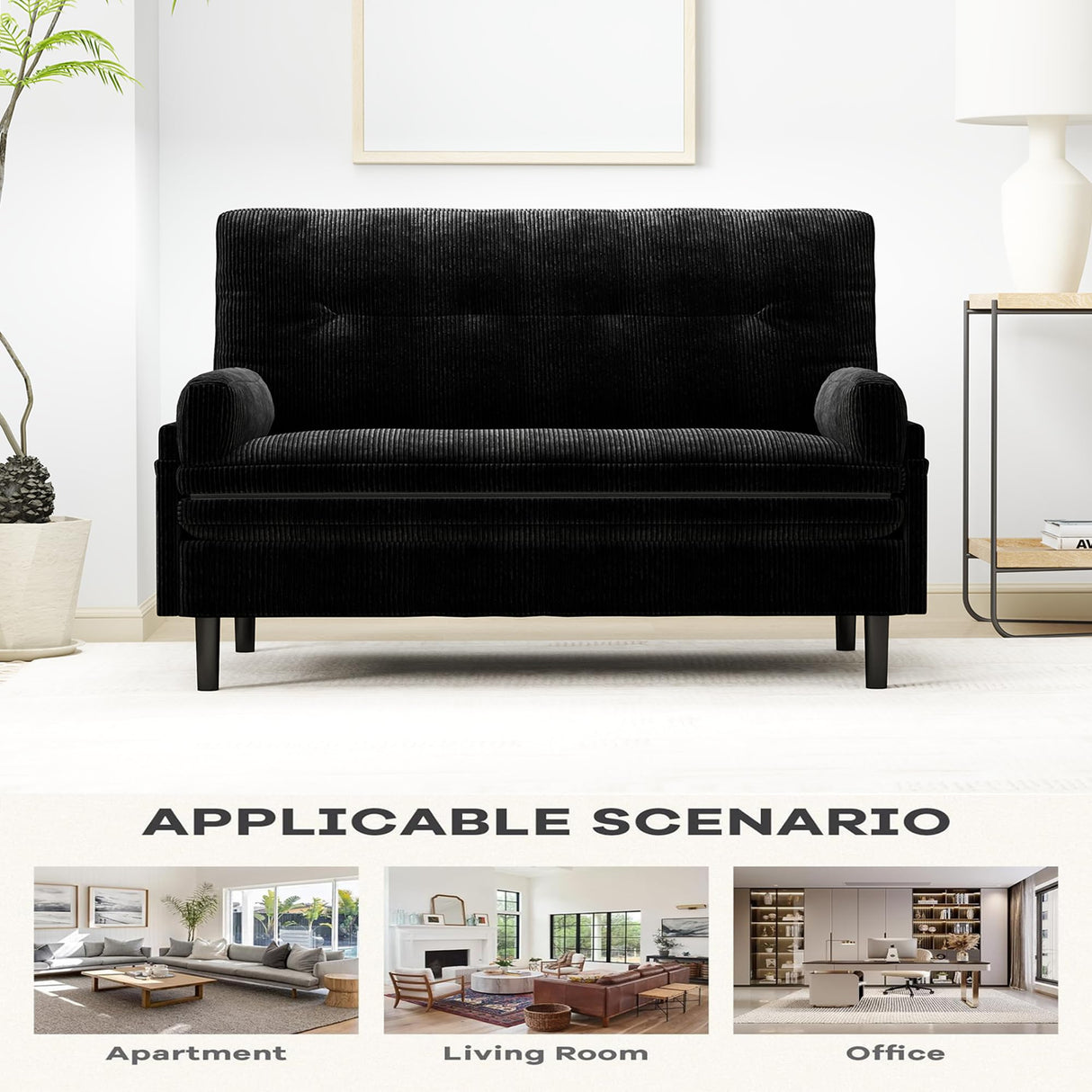 Majnesvon 55" Modern Corduroy Sofa Bed Futon,3-in-1 Convertible Pull Out Sleeper Couch Bed with Adjustable 3 Backrest,Folding Small Loveseat for Living Room Bedroom RV Office (Black) Majnesvon