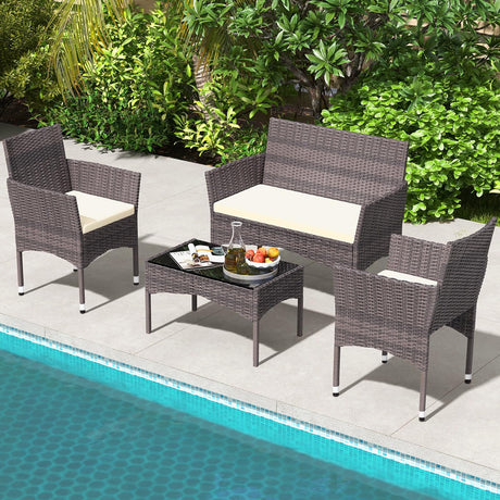 TINKLE WELL Outdoor Patio Furniture, 4 Pieces Rattan Chairs Wicker Conversation Set with Tempered Glass Table, Cushion, for Yard, Garden, Poolside, Porch, Bistro, Balcony, Brown and Beige TINKLE WELL