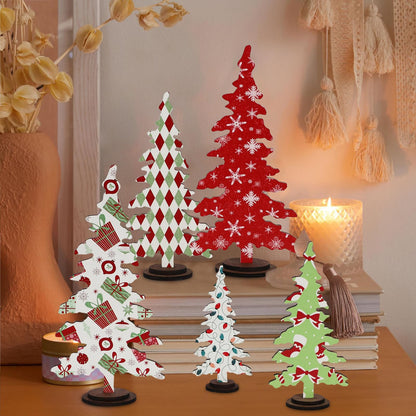 DAZONGE Christmas Decorations - 5PCS Wooden Christmas Tree Tabletop Decor Sign - Rustic Decorative Freestanding Christmas Tree Centerpiece for Home Shelf Mantel