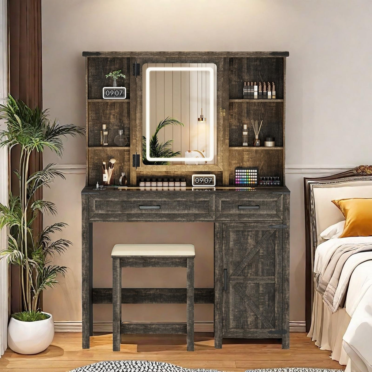 ChicFurnit Farmhouse Makeup Vanity,Vanity Desk with Glass Tabletop & 3 in 1 Charging Station,40'' Vanity Set with Human Body Sensing LED Lights & Hidden Jewelry Cabinet,Stool Included, Vintage Brown ChicFurnit