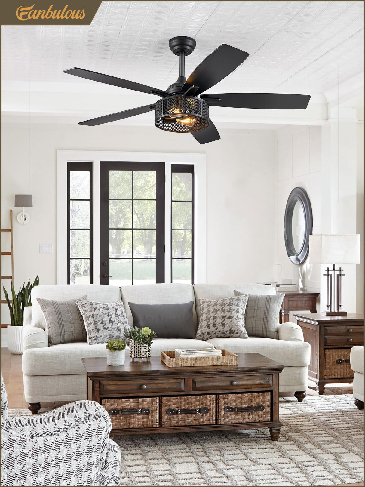 Farmhouse Ceiling Fans with Lights and Remote, 52 Inch Industrial Black Caged Ceiling Fans for Living Room Bedroom Kitchen, 6 Speed Reversible Quiet DC Motor, Dual Finish 5 Blades Fanbulous