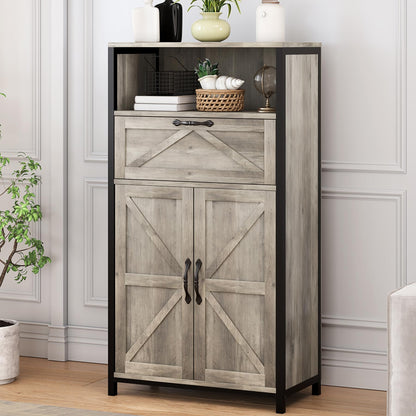 IDEALHOUSE Farmhouse Storage Cabinet, Floor Cabinet with Barn Doors and Drawer, Wood Kitchen Cabinet with Metal Frame, Freestanding Cupboard, for Bathroom, Living Room, Entryway, Grey - WoodArtSupply