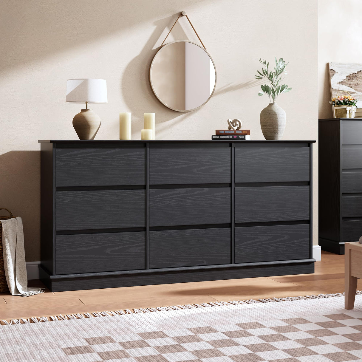 GarveeHome 9 Drawer Dressers for Bedroom, Chest of Drawers with Deep Drawers, Large Double Dresser for Closet with Wide Top, Horizontal Wooden Dresser for Living Room, Hallway, Kids Room, Black GarveeHome