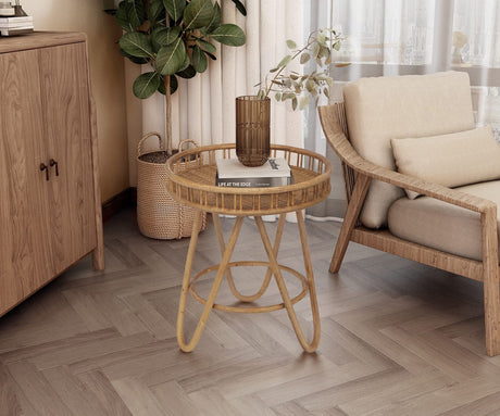 FINECASA Rattan Side Table with Wicker Tray Top 20x23'', Boho Hand-Woven End Table, Small Round End Table with Hairpin Legs, Coffee Table Set for Living Room, Bedroom (Handcraft) FINECASA