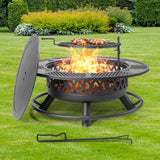 Panovue 42 Inch Outdoor Fire Pit with Grill, Large Firepit Table for Outside, Metal Round Firepits with Lid&Fire Poker,3 in 1 Wood Burning Fire Pits & Outdoor Fireplaces for Backyard,Patio(Black) Panovue