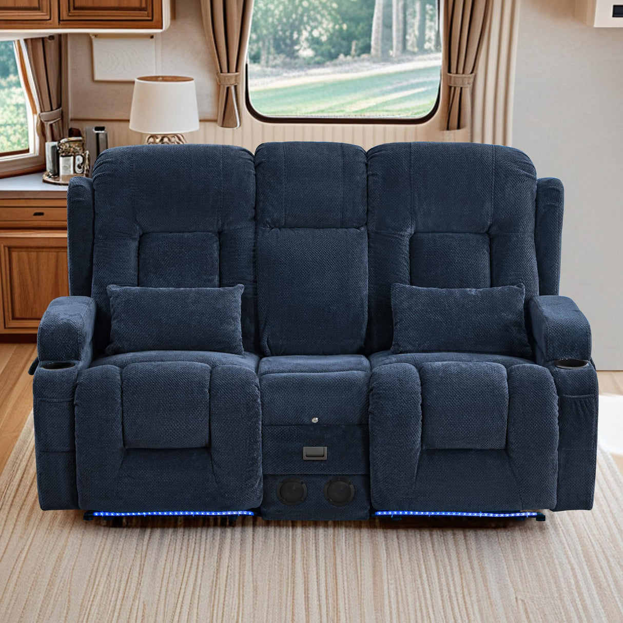 TUNYI Wall Hugger Power Loveseat Recliner - Reclining Loveseat with Console Theater Seating RV Recliner Sofa with USB/Outlet/Speaker/Cup Holder/LED Light/Storage (Beibei VelvetBlue) TUNYI