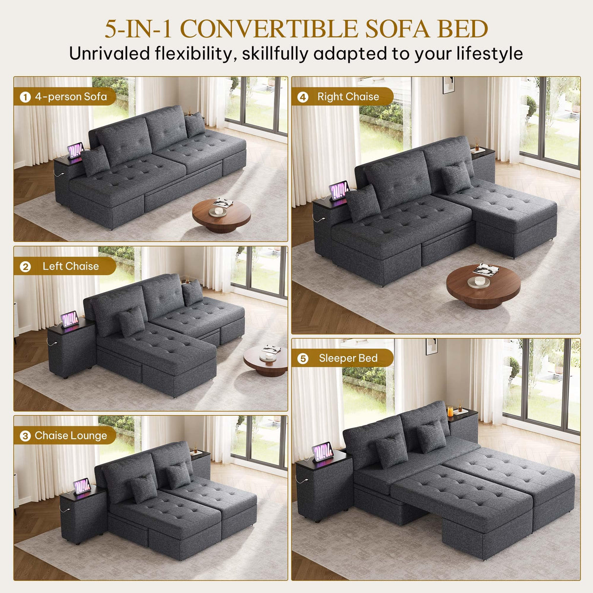 YITAHOME Queen Size Sleeper Sofa, 5-in-1 Convertible Sofa Bed Couch with 2 Storage Cabinets and USB Ports, 100" Sectioanl Sofa Couch with 2 Throw Pillow for Living Room, Grey Linen Fabric YITAHOME