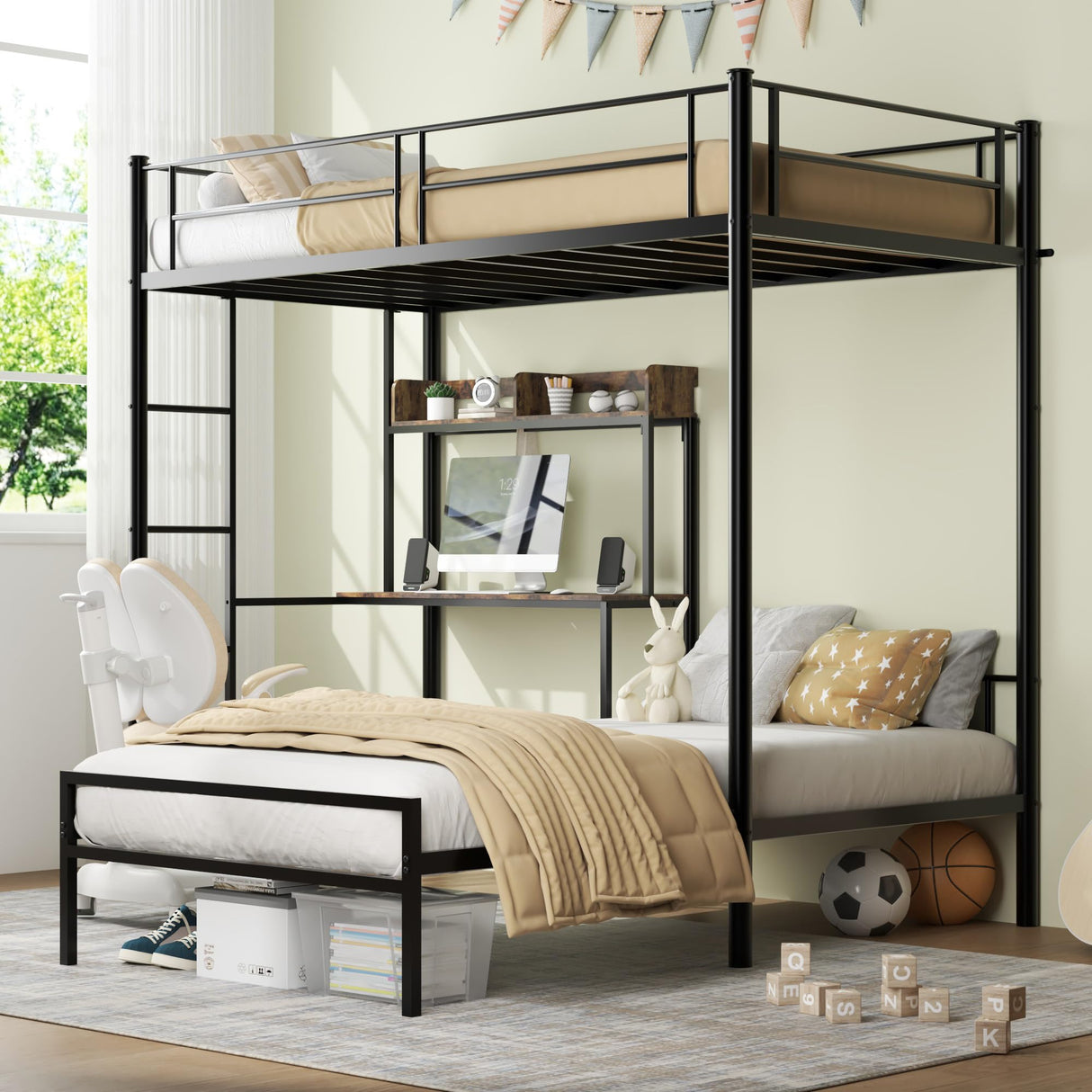 Bellemave Twin Over Twin bunk Bed with Desk, loft Bed with Desk and Shelves, Twin Over Twin Metal Bunk Beds with Charging Station, Black Bellemave