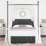 Keyluv Queen Upholstered Canopy Bed Frame with 2 Drawer and Button Tufted Headboard Metal Platform Bed with 4 Removable Posts Two-Purpose Velvet Bed No Box Spring Needed Dark Grey/Curtain Not Included Keyluv
