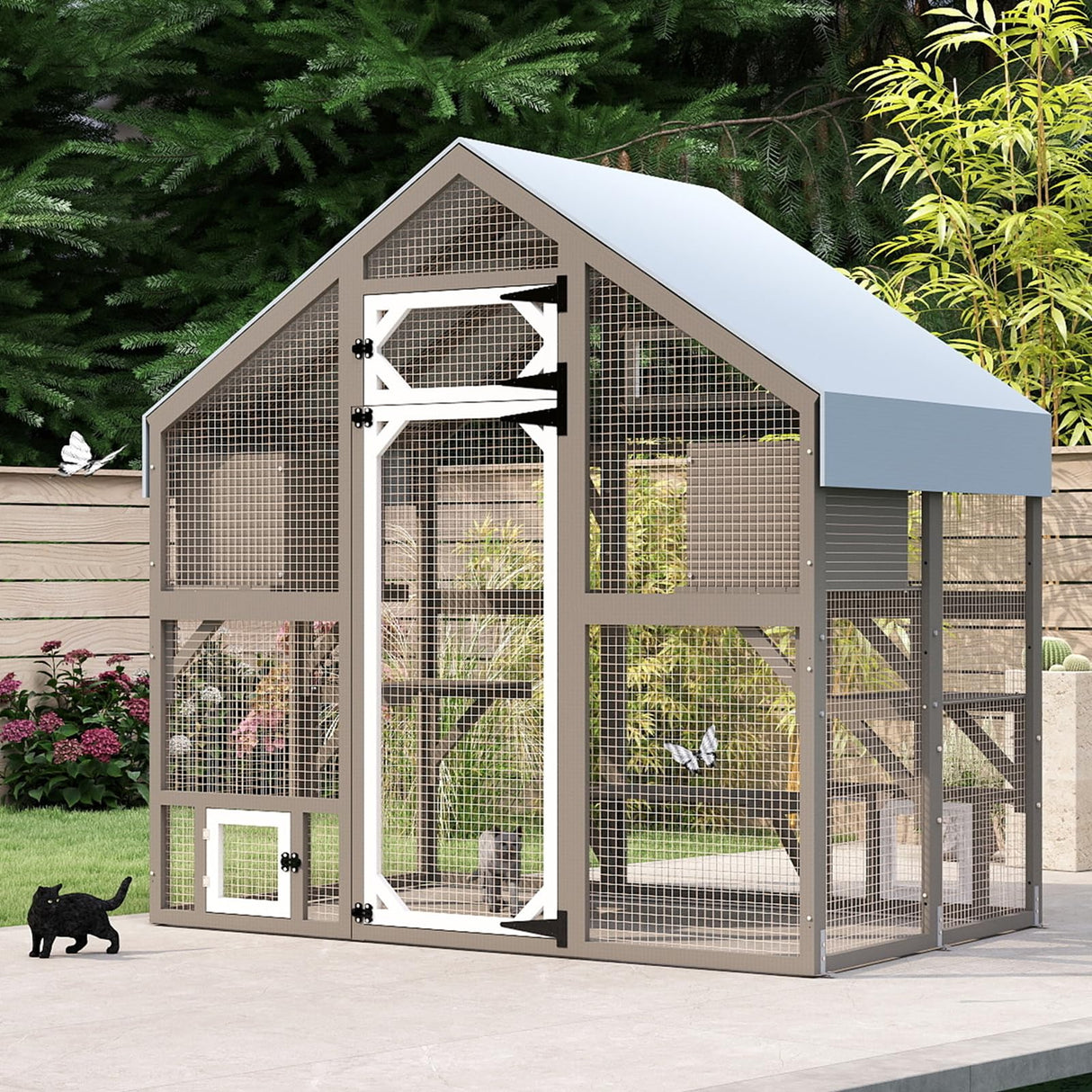 71" H Catio Outdoor Cat Enclosure Weatherproof, Large Walk-in Cat House Attached Window for Multiple Cats, Waterproof Cat Cage Kitty Enclosure Outside with 2 Condos, 6 Platforms Magazoopet