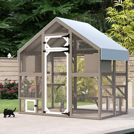 71" H Catio Outdoor Cat Enclosure Weatherproof, Large Walk-in Cat House Attached Window for Multiple Cats, Waterproof Cat Cage Kitty Enclosure Outside with 2 Condos, 6 Platforms Magazoopet