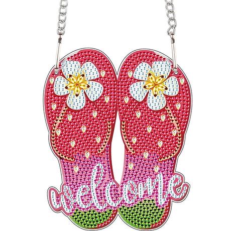 AiYuanzsh Welcome Flip Flops Diamond Painting Hanging Sign – 5D DIY Summer Door or Wall Decor Kit with Flowers – Colorful Rhinestone Craft Ornament with Tools AiYuanzsh