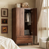 MAISONARIA Wardrobe with 2 Doors and 2 Drawers, 70.9”H Modern Walnut Bedroom Armoire Closet with Hidden Handles, Freestanding Wooden Storage Cabinet for Clothes and Essentials MAISONARIA