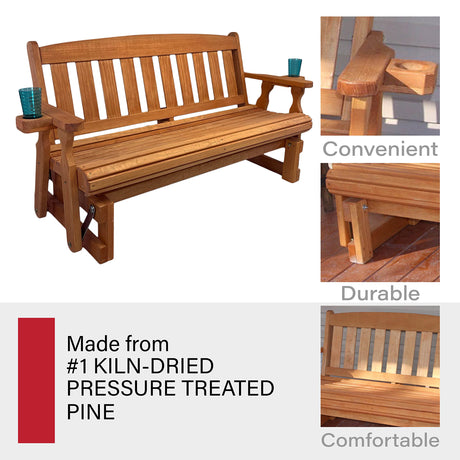 Amish Heavy Duty 800 Lb Mission Pressure Treated Porch Glider with Cupholders (5 Foot, Cedar Stain) Amish Casual