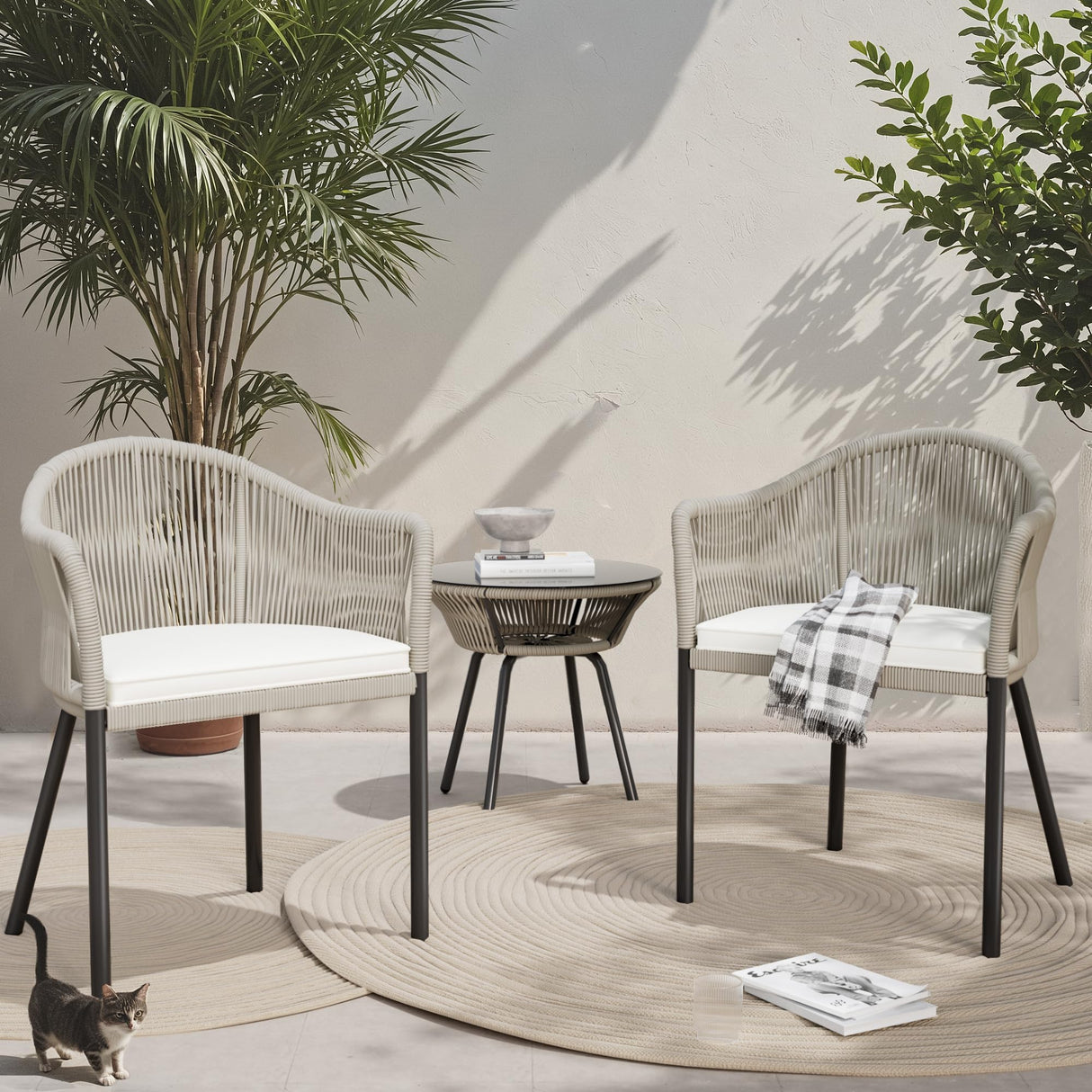 Greesum Rope Woven Patio Furniture 3-Piece Outdoor Wicker Bistro Set for Backyard Porch with Thick Cushions & Glass Table, Gray Greesum