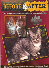 Before & After: Grey Tabby Kitten to King 2-500 Piece Jigsaw Puzzles WoodArtSupply