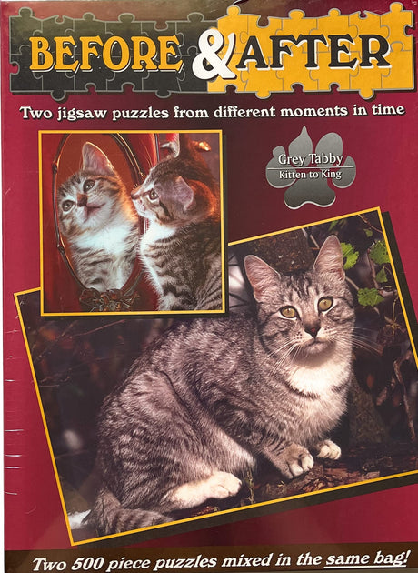 Before & After: Grey Tabby Kitten to King 2-500 Piece Jigsaw Puzzles WoodArtSupply