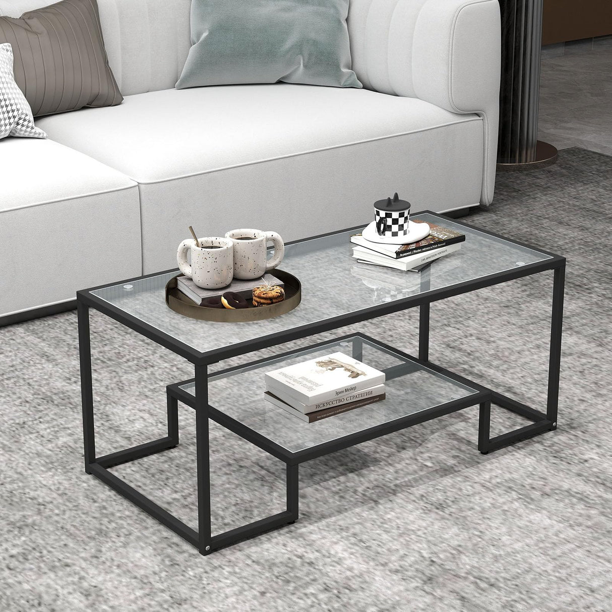 Kebynti 42" Rectangular Glass Coffee Table for Living Room, 2-Tier Center Tea Table with Metal Frame for Small Space, Apartment, Office (Black) Kebynti
