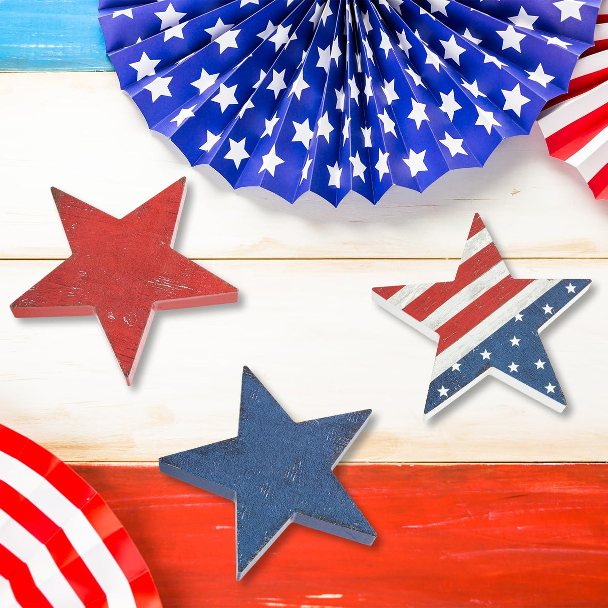 3 Pcs 4th of July Wooden Star Signs,Rustic Memorial Day Tiered Tray Decor, American Patriotic Table Decoration for Home Kitchen (Retro) Sereliy