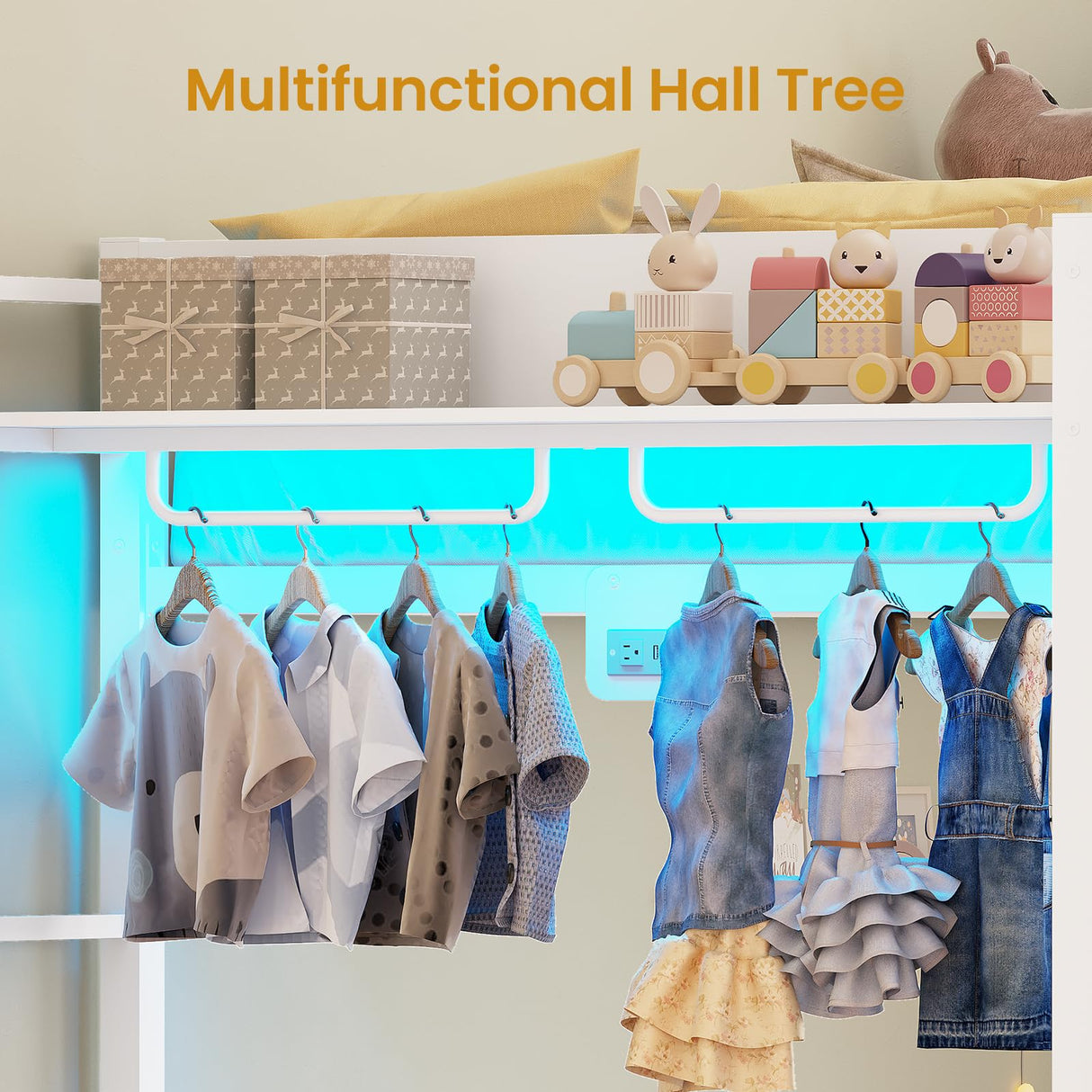 Itaar Metal Bunk Bed Twin Over Twin with Hall Tree, Power Outlet, LED Bunk Bed with 4 Storage Drawers, Bed with Safety Guardrail & Ladders, No Box Spring Needed, Easy Assembly, White Itaar