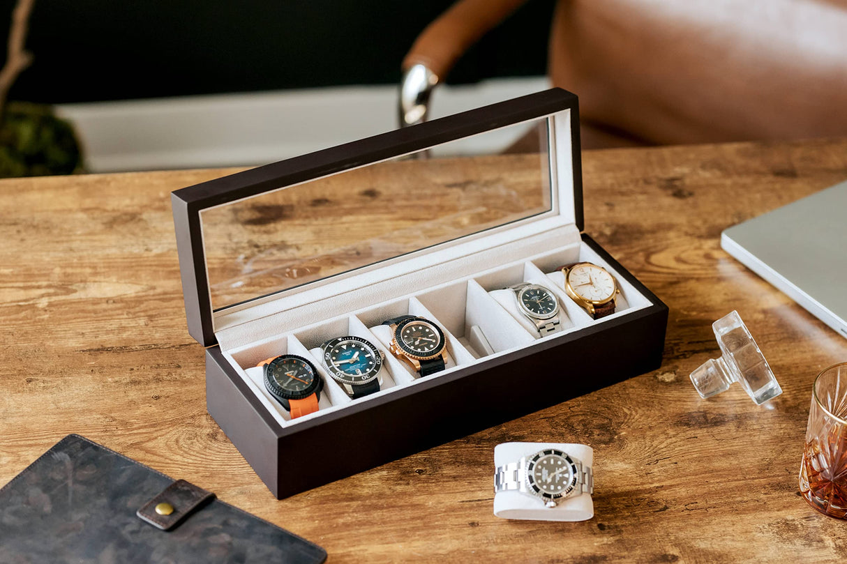 CASE ELEGANCE Solid Espresso Wood Watch Box Organizer with Glass Display Top CASE ELEGANCE
