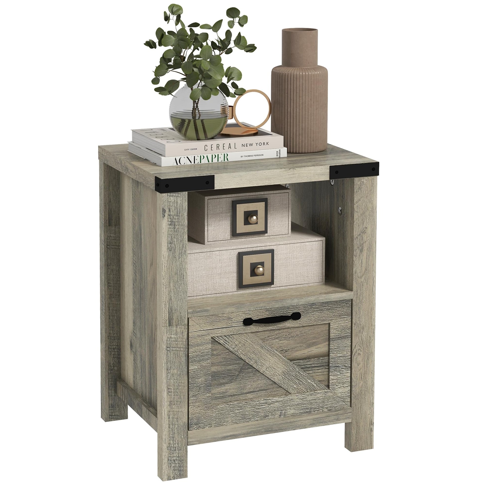 HOMCOM Farmhouse End Table, Rustic Side Cabinet with Storage, Small Side Table with Drawer, Wood Effect Tabletop for Living Room, Gray - WoodArtSupply