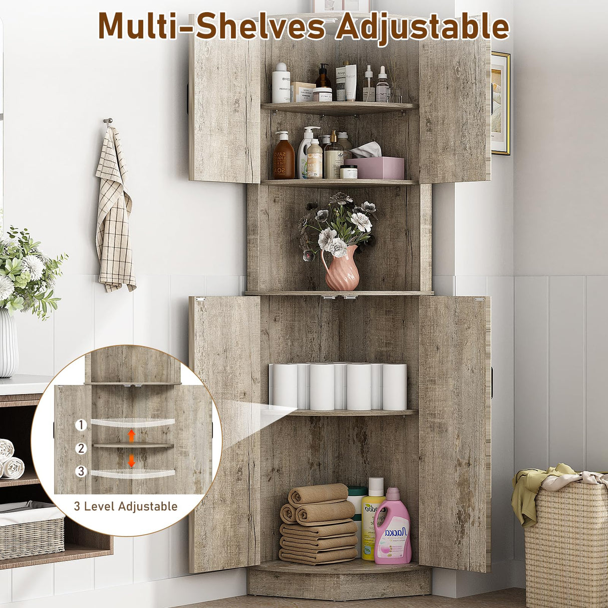 Hlivelood 68" Tall Farmhouse Corner Cabinet, Dining Room Storage Cabinet with 4 Barn Doors and 5 Level Storage with Adjustable Shelves, for Kitchen, Living Room, Laundry Room, Light Rustic Oak Hlivelood