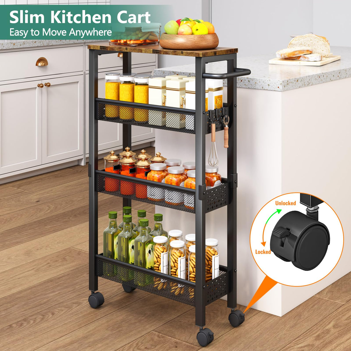 Vivihomety Utility Slim Storage Cart with Wheels, 4 Tier Small Rolling Cart with Wood Top, Metal Kitchen Bathroom Laundry Room Organization Trolley with Handle for Narrow Space – Black Vivihomety