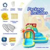 WELLFUNTIME Inflatable Water Double Slides Park with Blower, Bouncy Castle with Rainbow Water Curtain, with Shooting and Rock Climbing WELLFUNTIME