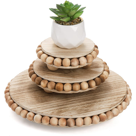 Peohud Set of 3 Wood Risers for Display, Farmhouse Wooden Pedestal Stand, Rustic Stool Plant Pot Holder, Beaded Display Riser for Tiered Tray Home Kitchen Counter Table Decor, 9.5/6/4 Inches Peohud