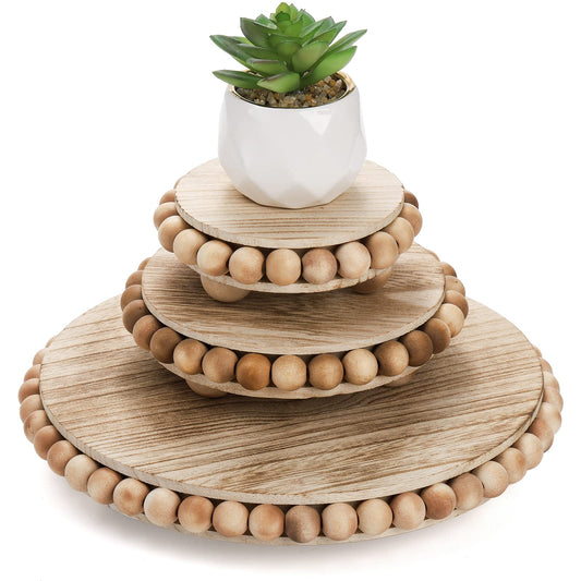 Peohud Set of 3 Wood Risers for Display, Farmhouse Wooden Pedestal Stand, Rustic Stool Plant Pot Holder, Beaded Display Riser for Tiered Tray Home Kitchen Counter Table Decor, 9.5/6/4 Inches