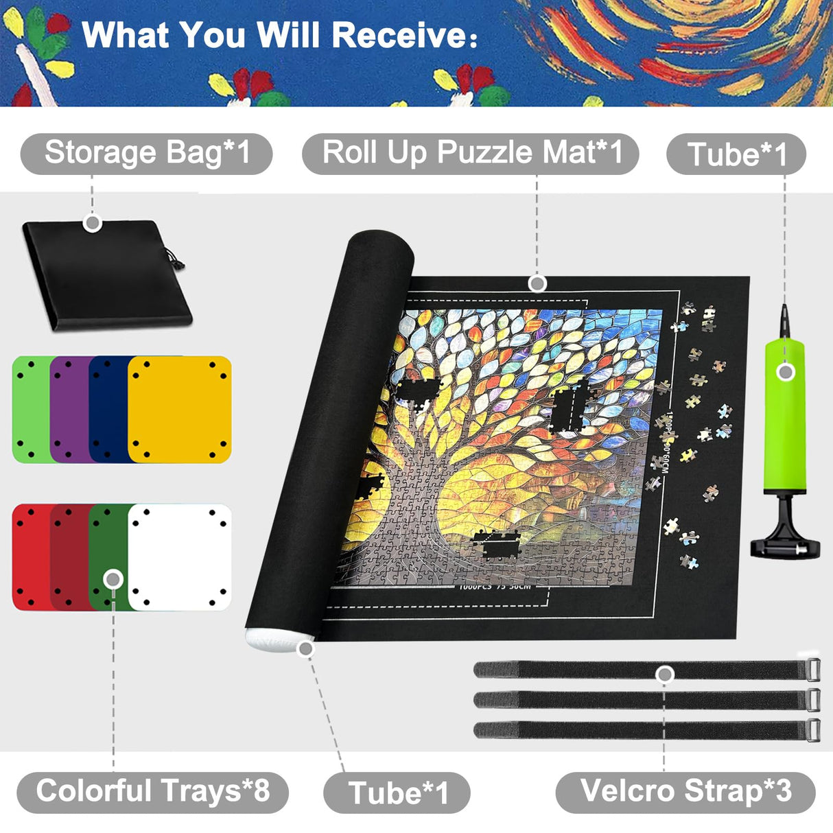 Napzy Puzzle Mat-Jigsaw Puzzles Matt Roll Up to 1500pcs Roll-up Puzzled Board Puzzling Organizers and Storage with 8PCS Jigsaws Sorting Trays, Drawstring Storages Bag Portable Jigsawn Keeper Saver Napzy