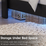 Full Size Floating Bed Frame with LED Lights, Upholstered PU Leather Platform Bed with Charging Station & Button Tufted Headboard Storage, No Box Spring Needed, Black Halitaa