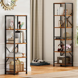 Furologee 5 Tier Tall Bookshelf, Rustic Narrow Bookcase, Display Standing Shelf Units, Metal and Wood Storage Shelves Organizer for Bedroom, Living Room, Home Office, Entryway, Kitchen, Rustic Brown Furologee