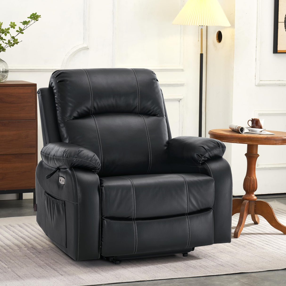 MCombo Small-Wide Power Lift Recliner Chair with Massage and Heat for Petite Elderly People, 3 Positions, 2 Side Pockets, USB Ports, Faux Leather R7410 (Black, Small-Wide) MCombo