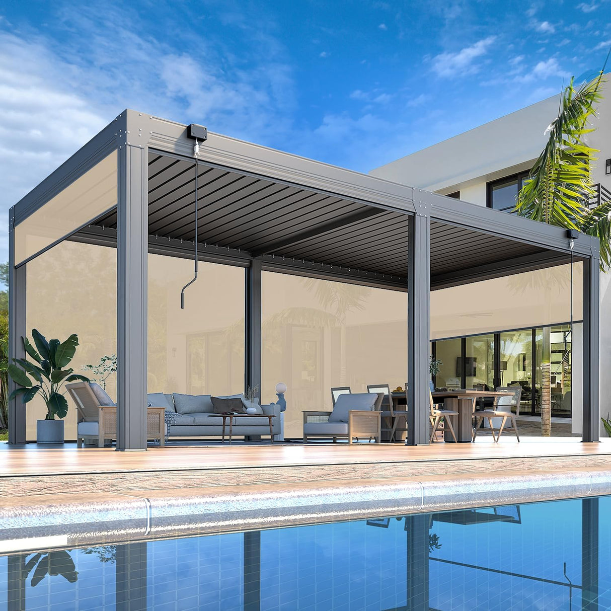 MELLCOM 10x20FT Louvered Pergola with 6 Pull-Down Screens, Aluminum Pergola with Adjustable Rainproof, Dark Gray MELLCOM