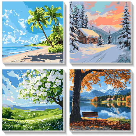 HEIBAGO Framed Paint by Numbers kit for Kids, 4 Pack Landscapes Paint by Numbers for Kids Ages 8-12, Paint by Numbers Kits Children Beginner, DIY Acrylic Oil Painting for Home Wall Decor 8x8 inch HEIBAGO