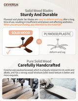 Ceversa 52 Inch Propeller Ceiling Fans with Lights and Remote,3 Blades Wood Rustic Ceiling Fans,Quiet Noiseless DC Motor,Outdoor Modern Ceiing Fans for Farmhouse,Living Room,Bedroom,Indoor,Walnut Ceversa