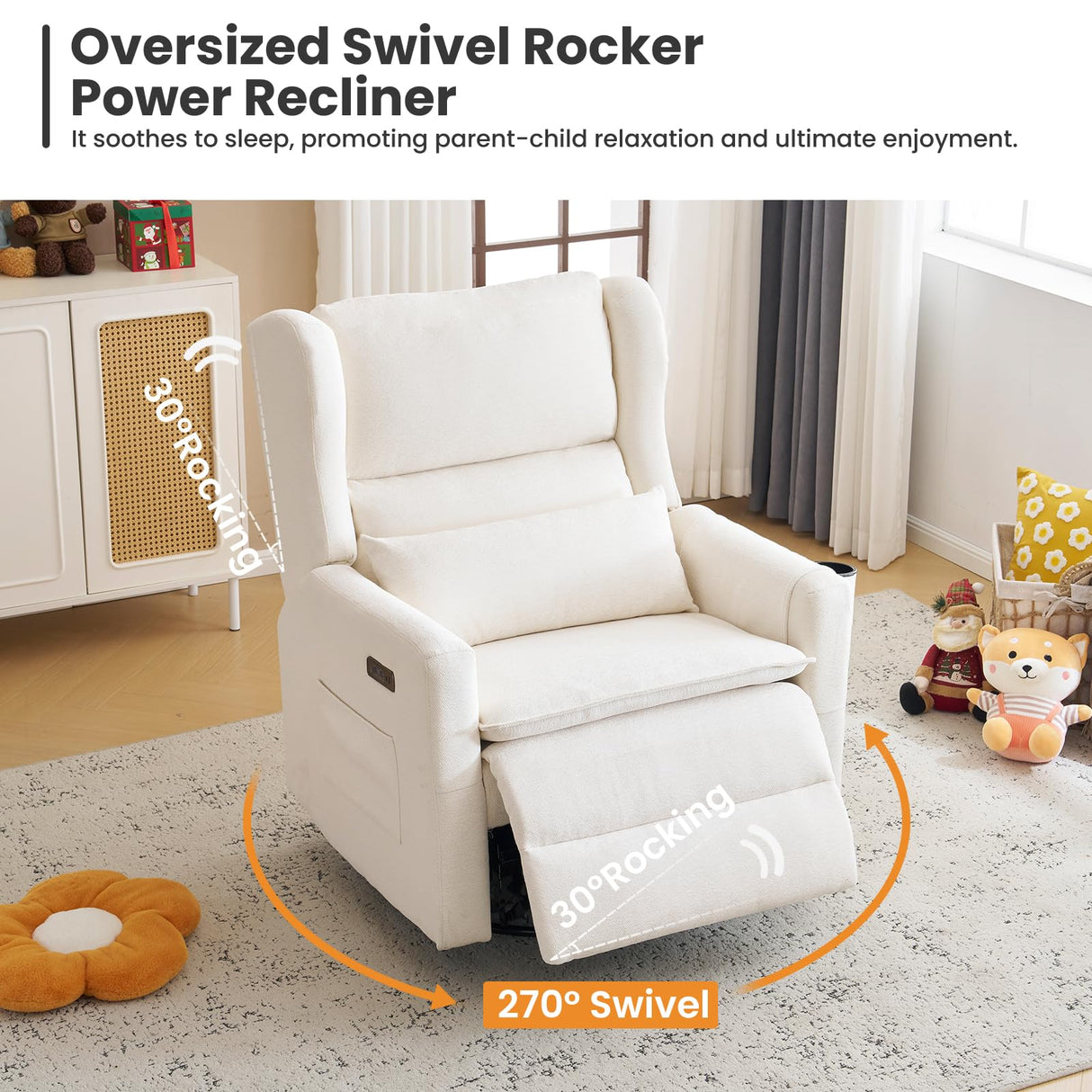 RUTOX Oversized Swivel Rocker Recliner with Adjustable Headrest, 26" Extra Wide Glider Recliner Nursery Chair with Double Cushion, Chenille Glider Rocking Chair for Living Room,Cup Holder,White RUTOX