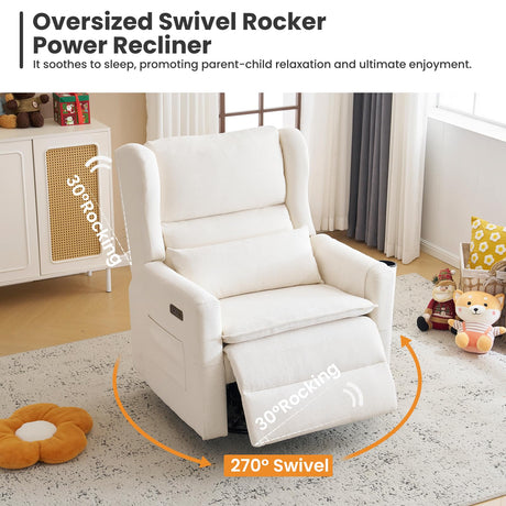 RUTOX Oversized Swivel Rocker Recliner with Adjustable Headrest, 26" Extra Wide Glider Recliner Nursery Chair with Double Cushion, Chenille Glider Rocking Chair for Living Room,Cup Holder,White RUTOX