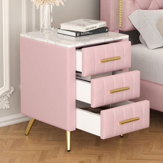 3 Drawers Nightstand with Metal Legs&Handles,Upholstered Nightstand with Faux Marble Top, Bedside Table Furniture, Velvet End Table for Bedroom, Living Room(Pink)