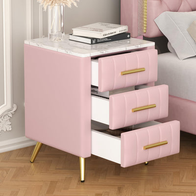3 Drawers Nightstand with Metal Legs&Handles,Upholstered Nightstand with Faux Marble Top, Bedside Table Furniture, Velvet End Table for Bedroom, Living Room(Pink)