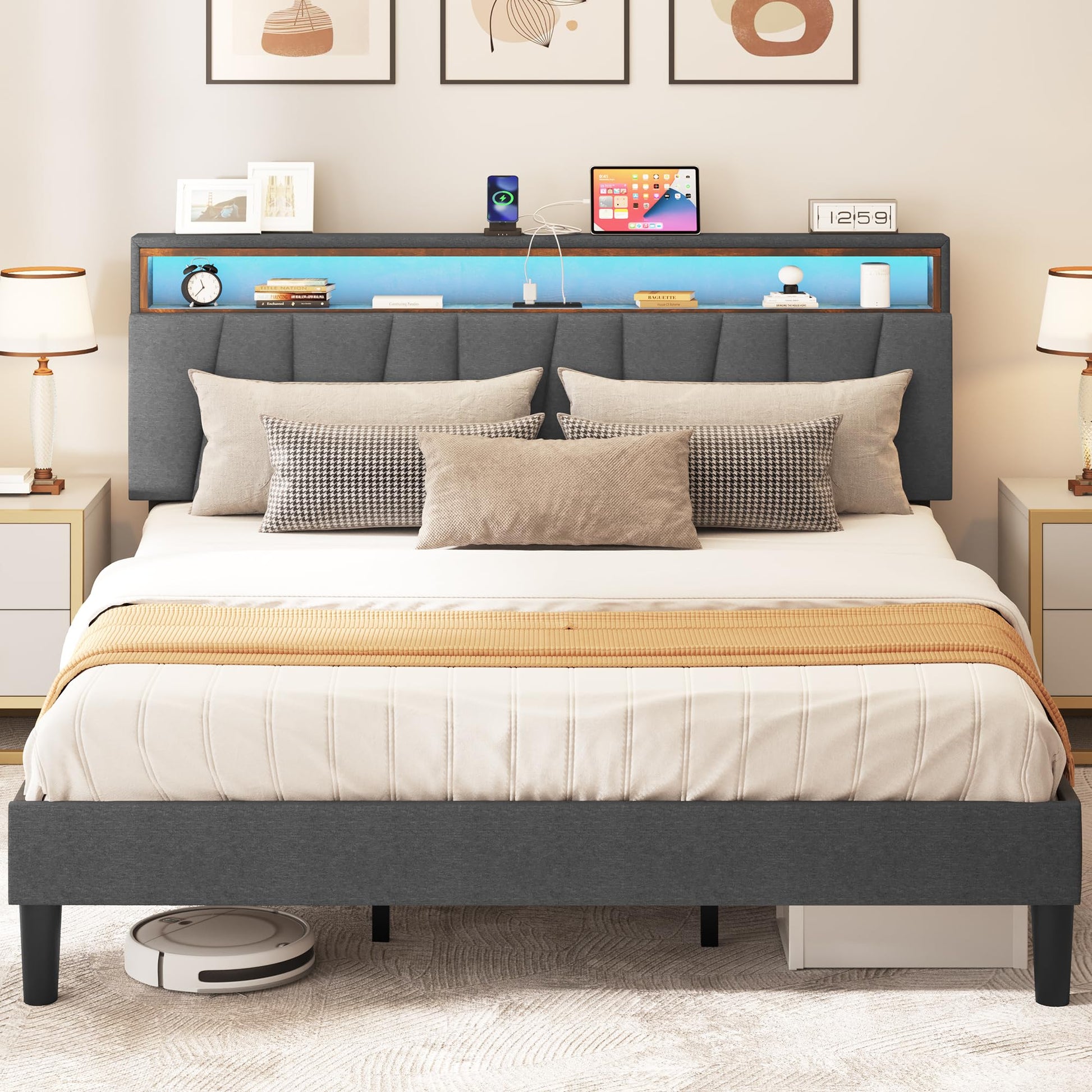 YITAHOME King Size Upholstered Bed Frame with LED Lighting, Headboard Storage, and Charging Station - Grey - WoodArtSupply