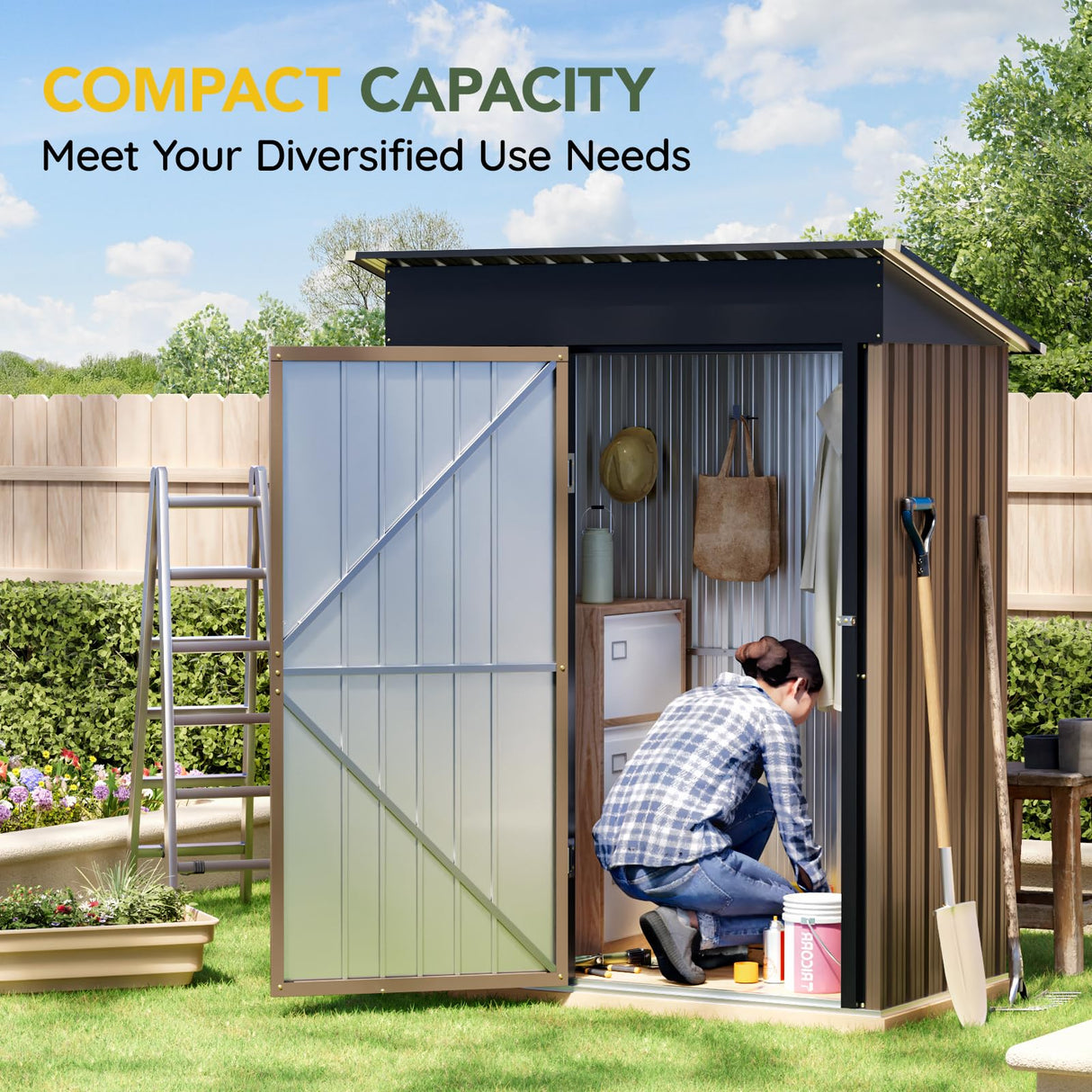 5x3FT Vertical Outdoor Steel Storage Shed, Lockable Doors, Compact Metal Tool Shed for Garden, Backyard, Patio, Utility, and Bike Storage,Brown BreezZ